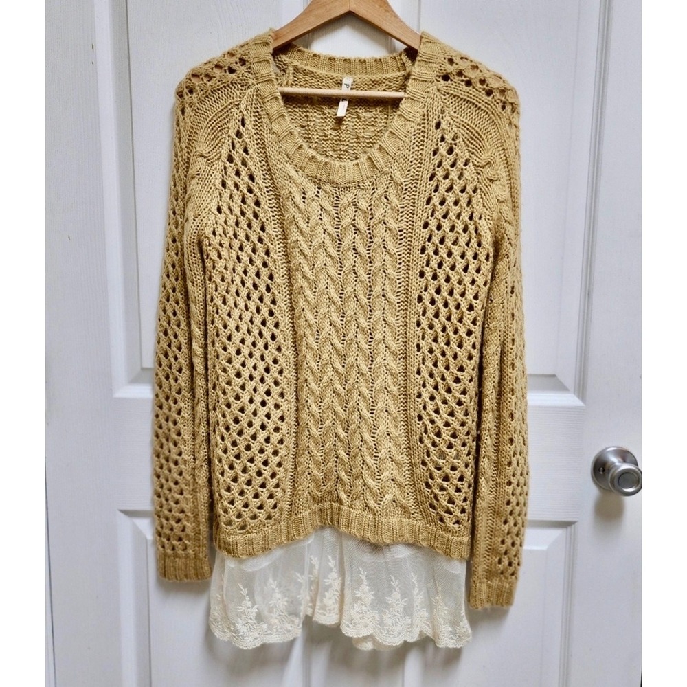 Pol Cable Open Knit Yellow Sweater Floral Lace Hem Raglan Sleeve Oversized S - Picture 13 of 13